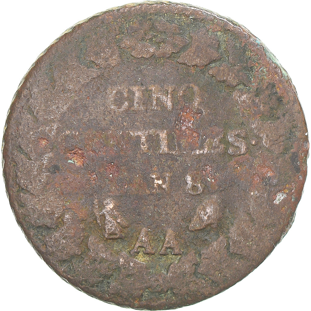 Münze, Frankreich, Dupré, 5 Centimes, AN 8, Metz, S, Kupfer, Gadoury:126a