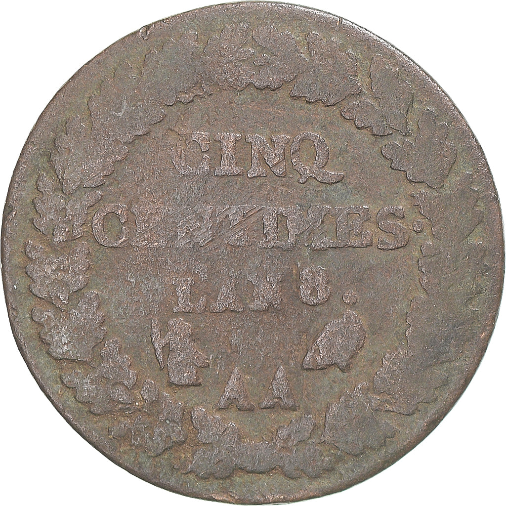 Moeda, França, Dupré, 5 Centimes, AN 8, Metz, VF(20-25), Cobre, Gadoury:126a