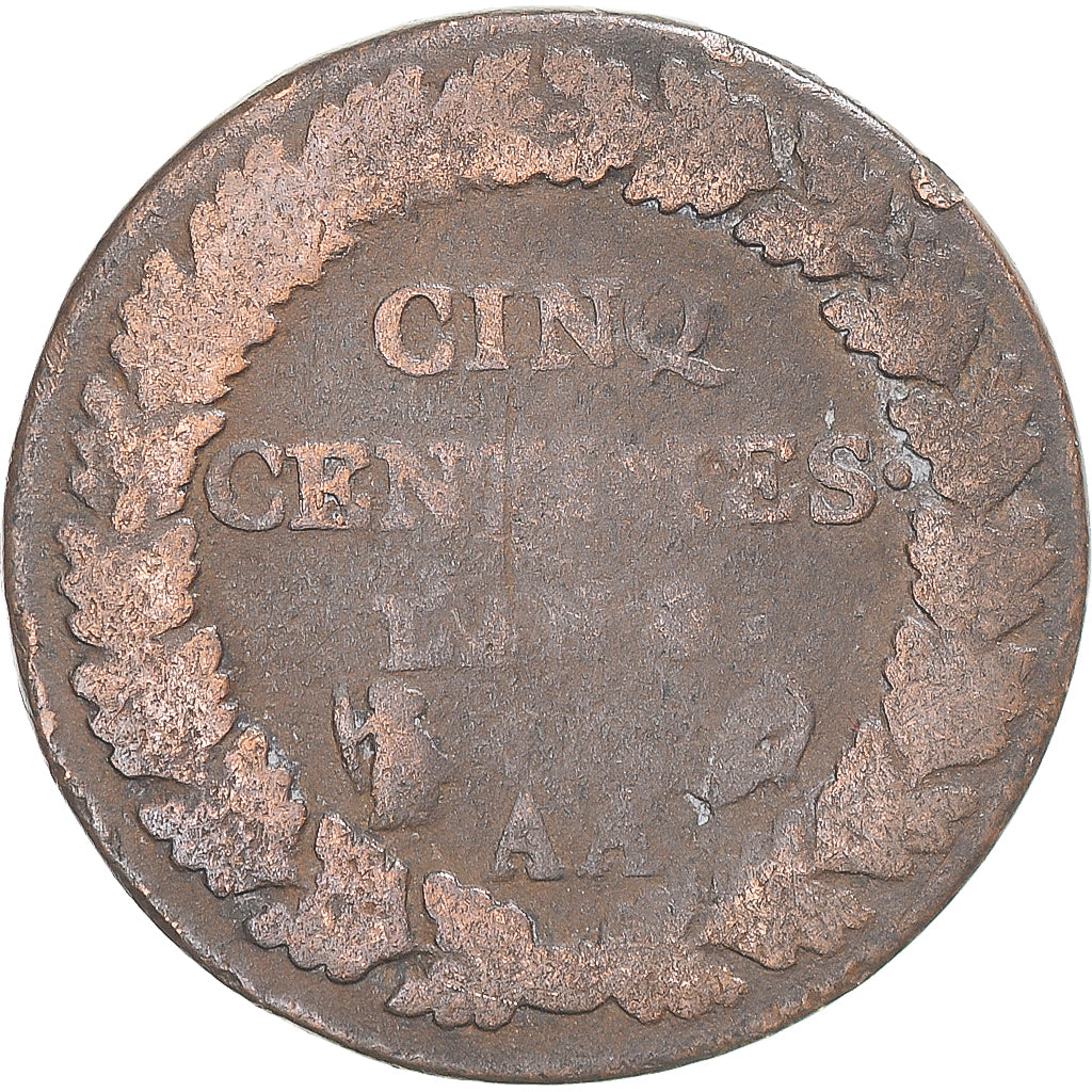 Moeda, França, Dupré, 5 Centimes, AN 8, Metz, VF(20-25), Cobre, Gadoury:126a