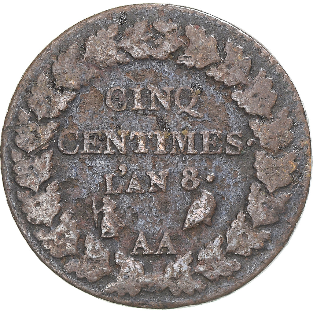 Moeda, França, Dupré, 5 Centimes, AN 8, Metz, VF(20-25), Cobre, Gadoury:126a
