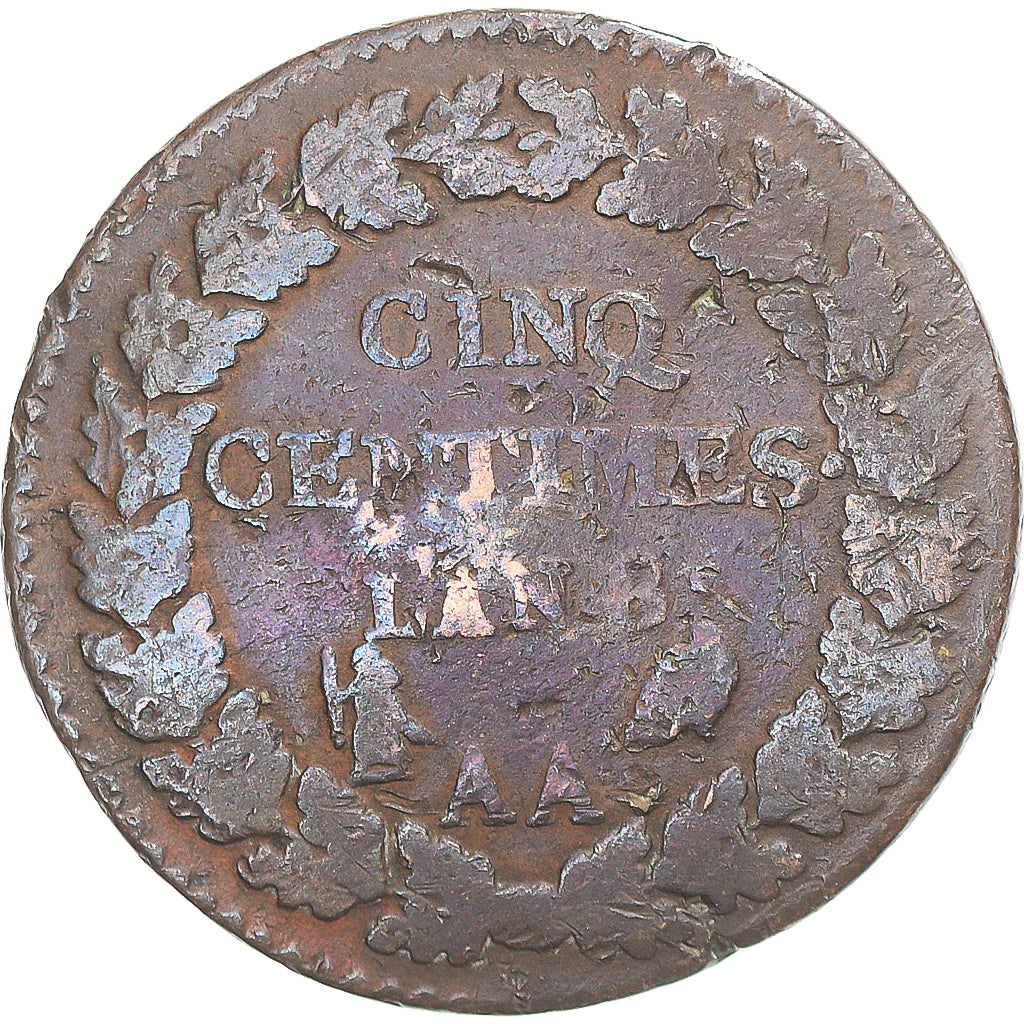 Monnaie, France, Dupré, 5 Centimes, AN 8, Metz, TB, Cuivre, Gadoury:126a