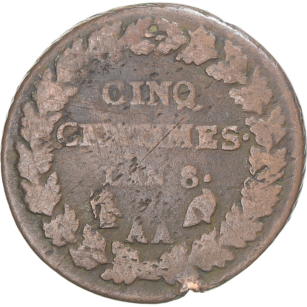 Moeda, França, Dupré, 5 Centimes, AN 8, Metz, VF(20-25), Cobre, Gadoury:126a