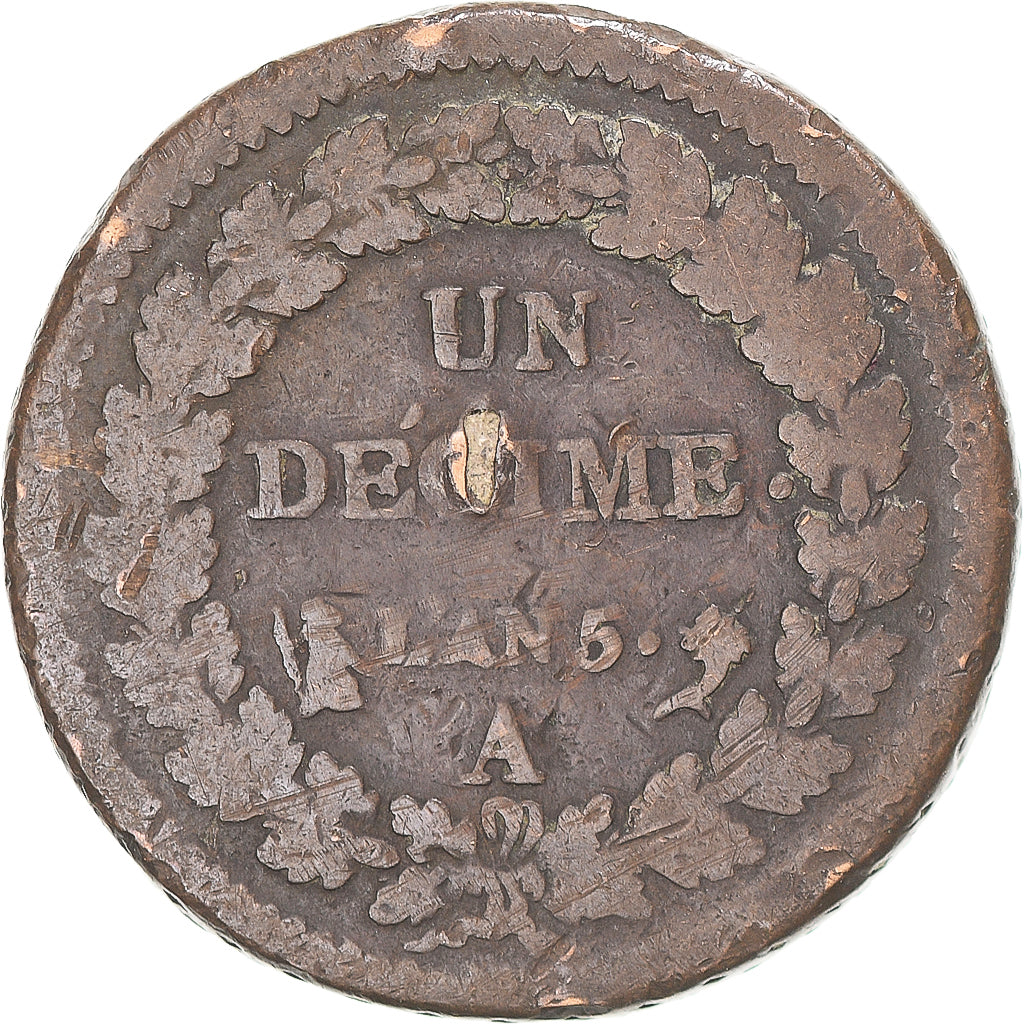 Moeda, França, Dupré, Decime, AN 5, Paris, VF(20-25), Cobre, Gadoury:187