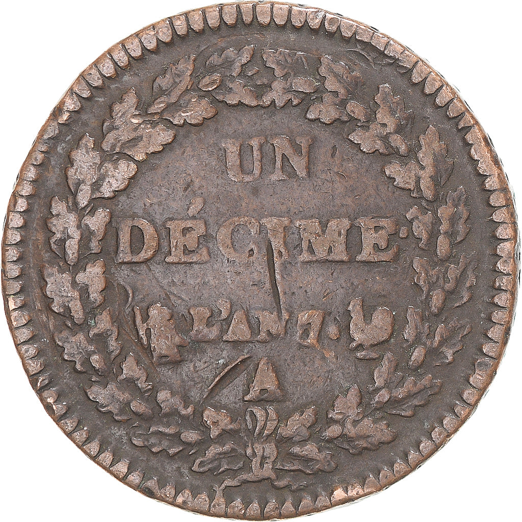 France, 1 Décime, Dupré, AN 7/5, Paris, Copper, VF(20-25), Gadoury:187