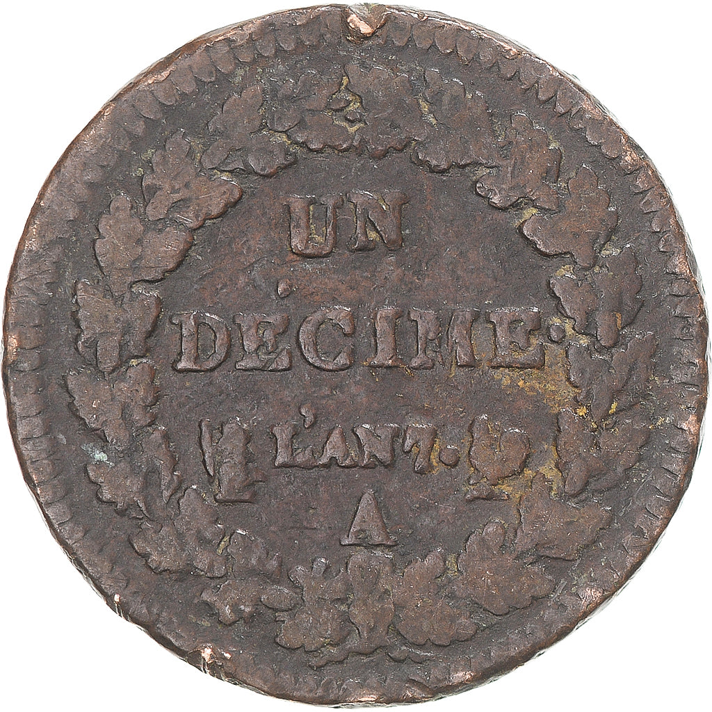 Moneda, Francia, Dupré, Decime, AN 7, Paris, BC+, Cobre, Gadoury:187