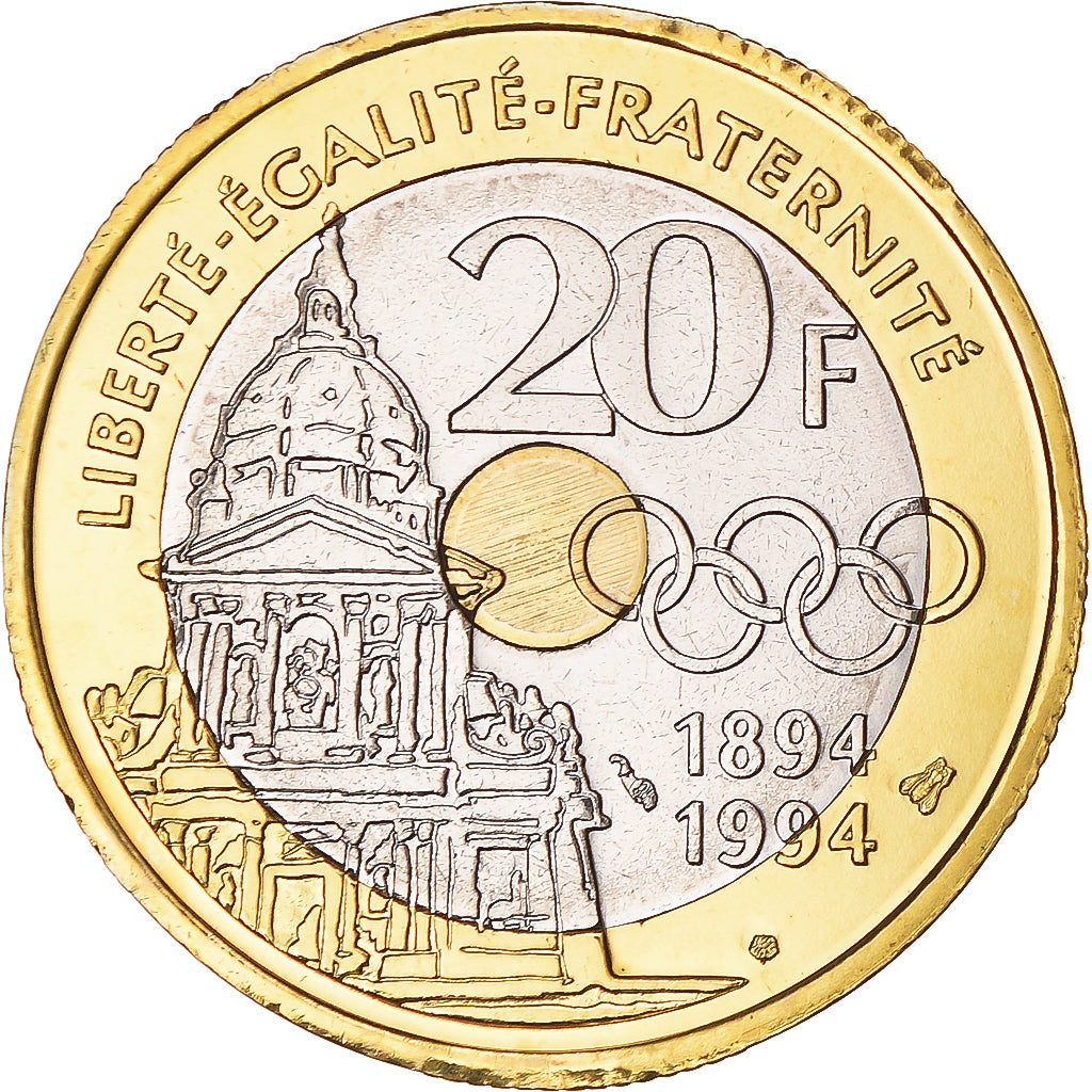 Moneta, Francja, Pierre de Coubertin, 20 Francs, 1994, Monnaie de Paris, PRÓBA