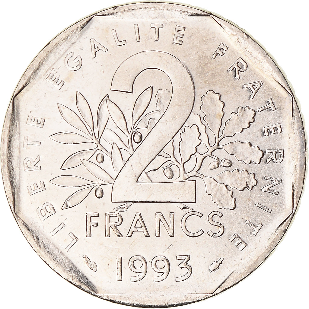 Moeda, França, Semeuse, 2 Francs, 1993, MS(63), Níquel, Gadoury:547