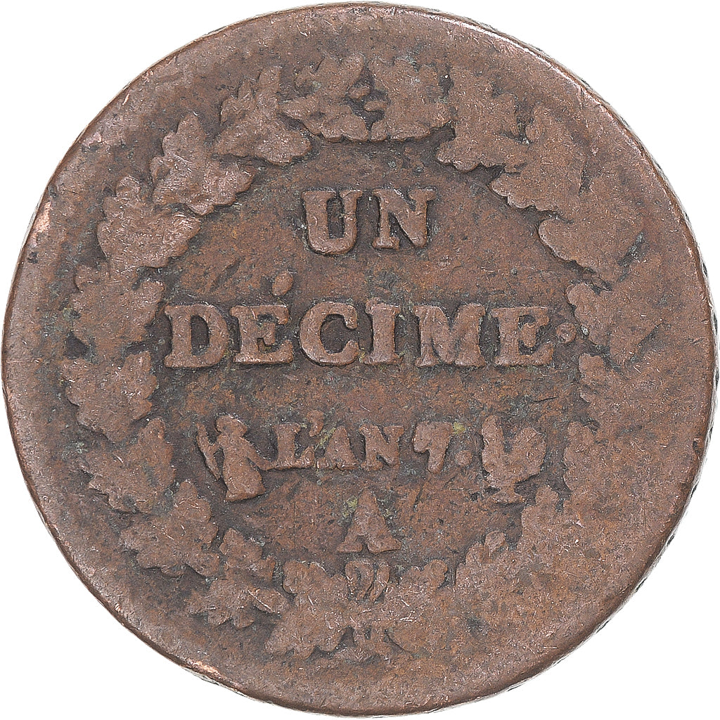 Moeda, França, Dupré, Decime, AN 7, Paris, VF(20-25), Cobre, Gadoury:187