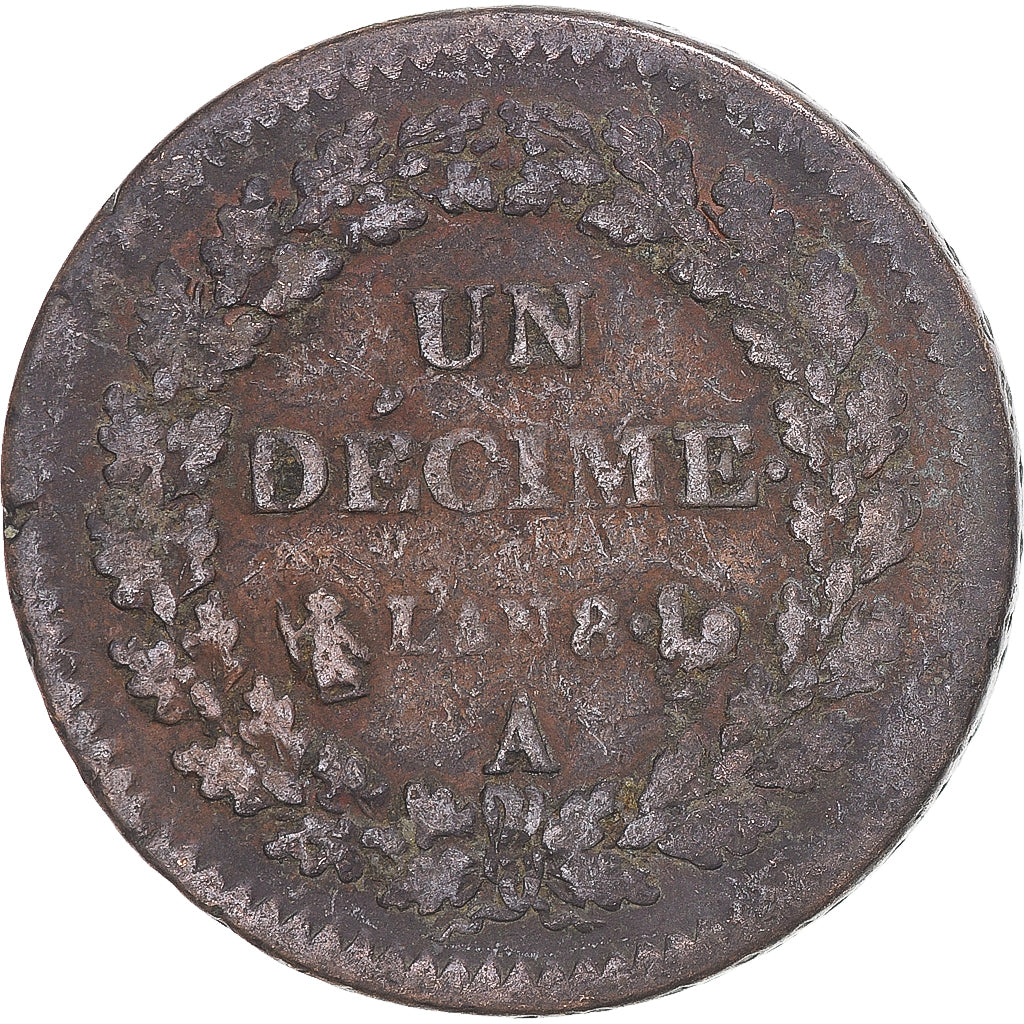 Moneda, Francia, Dupré, Decime, AN 8, Paris, BC+, Cobre, Gadoury:187a