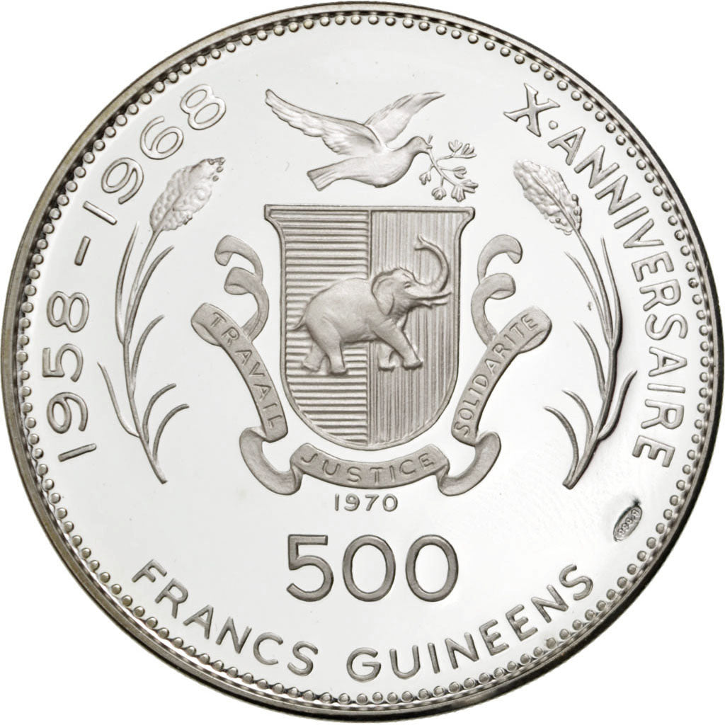 Coin, Guinea, 500 Francs, 1970, MS(65-70), Silver, KM:28