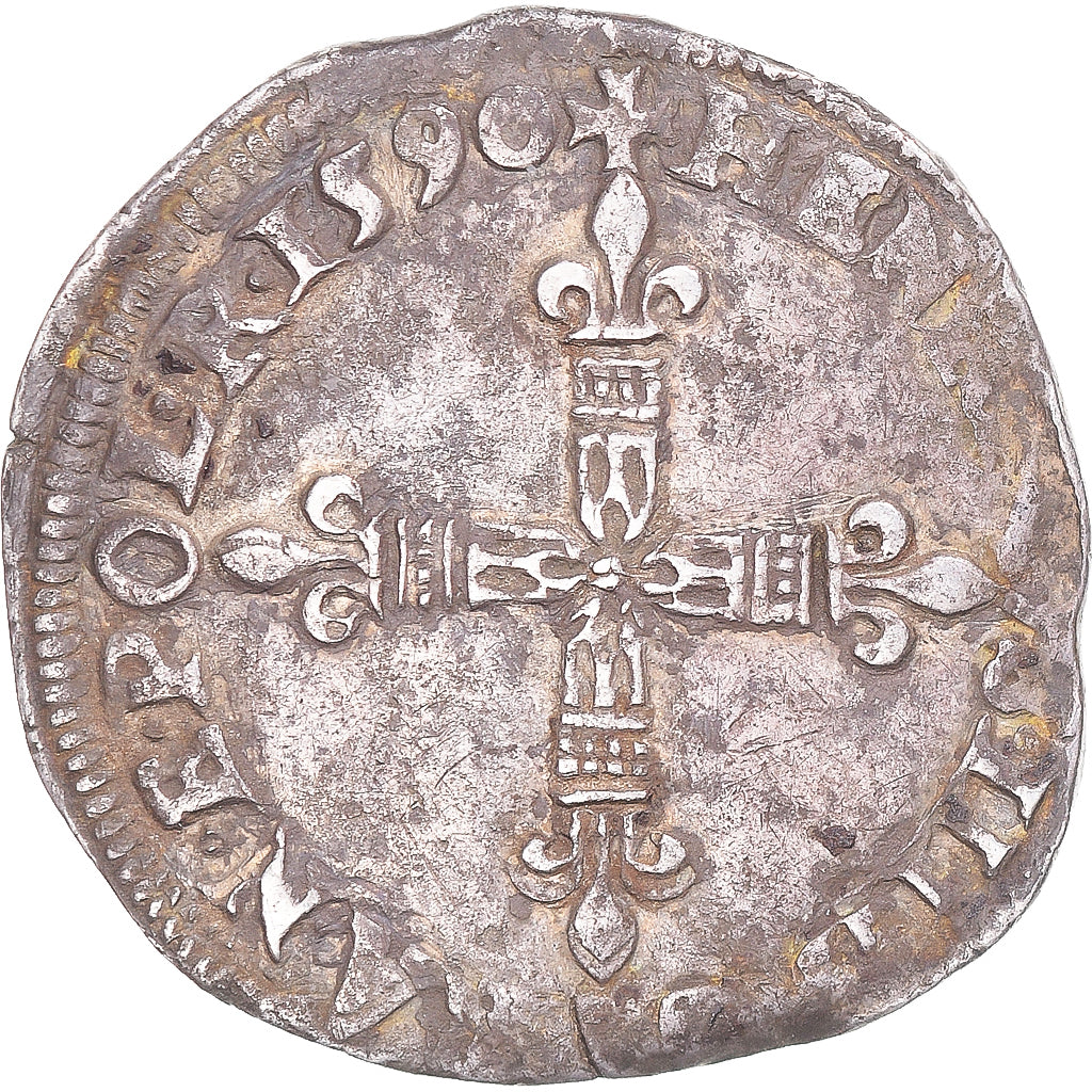 Munten, Frankrijk, Henri III, La Ligue, 1/4 Ecu, 1590, Bayonne, ZF, Zilver