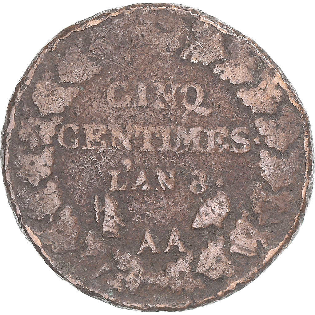 Moeda, França, Dupré, 5 Centimes, AN 8, Metz, F(12-15), Cobre, Gadoury:126a