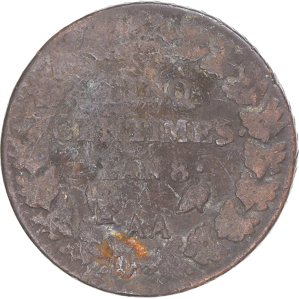 Moeda, França, Dupré, 5 Centimes, AN 8, Metz, VF(30-35), Cobre, Gadoury:126a