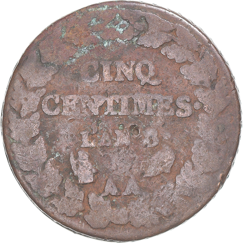 Moeda, França, Dupré, 5 Centimes, AN 8/5, Metz, VF(20-25), Cobre, Gadoury:126a