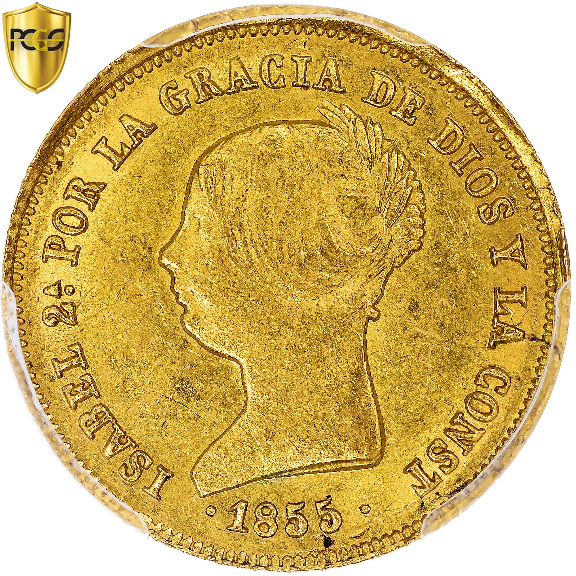 Spagna, Isabel II, 100 Reales, 1855, Seville, Oro, PCGS, MS61, KM:596.3