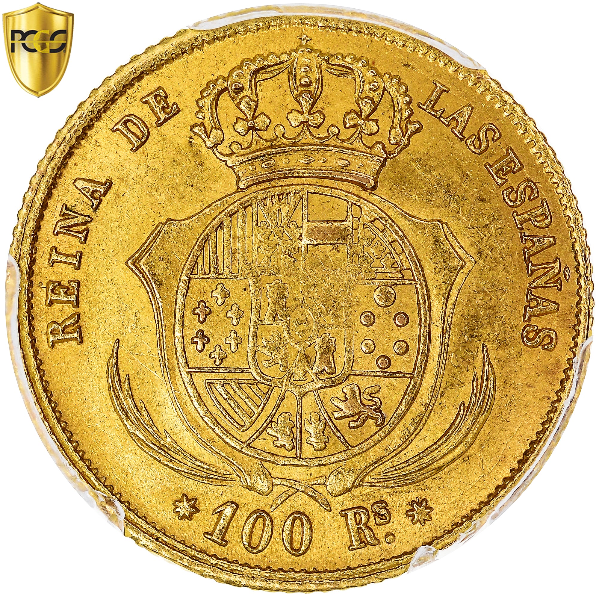 Spagna, Isabel II, 100 Reales, 1855, Seville, Oro, PCGS, MS61, KM:596.3