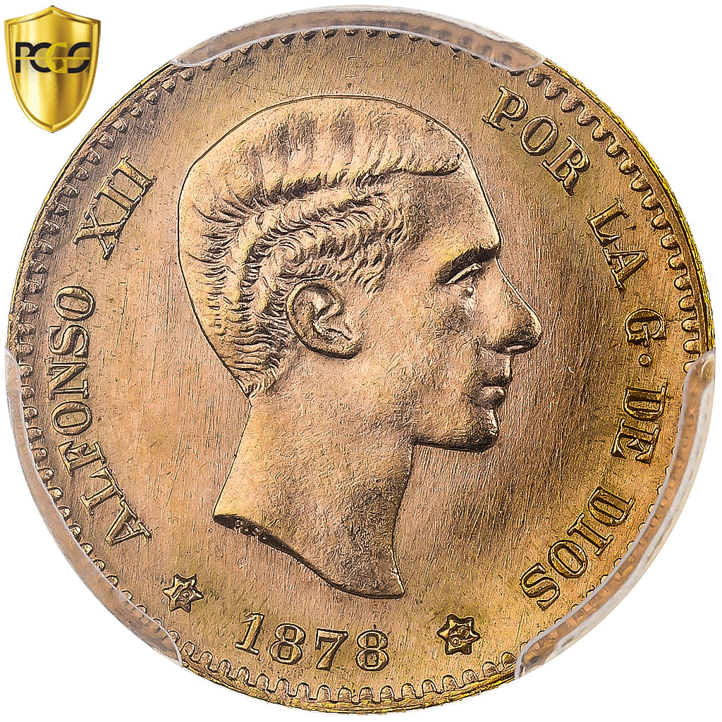 España, Alfonso XII, 10 Pesetas, 1878 (1962), Madrid, Oro, PCGS, MS66, KM:677