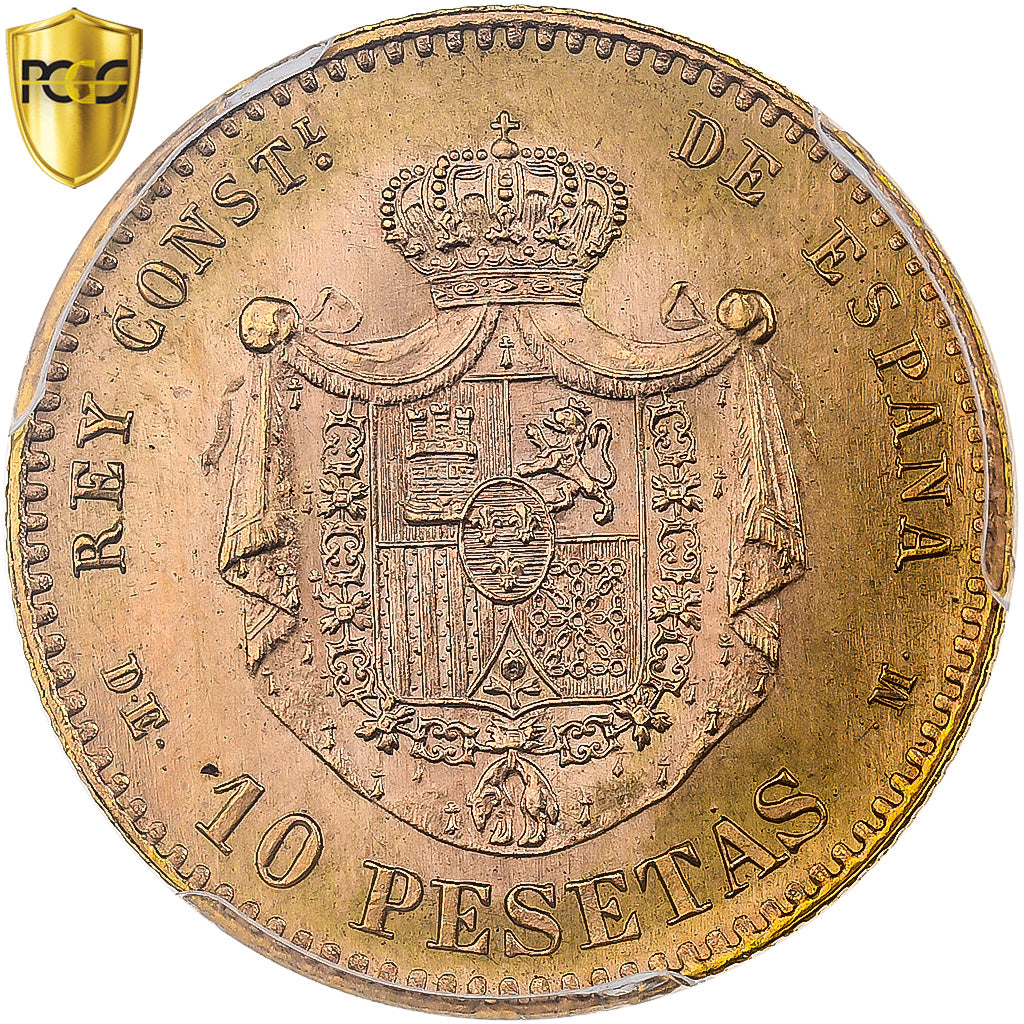 España, Alfonso XII, 10 Pesetas, 1878 (1962), Madrid, Oro, PCGS, MS66, KM:677