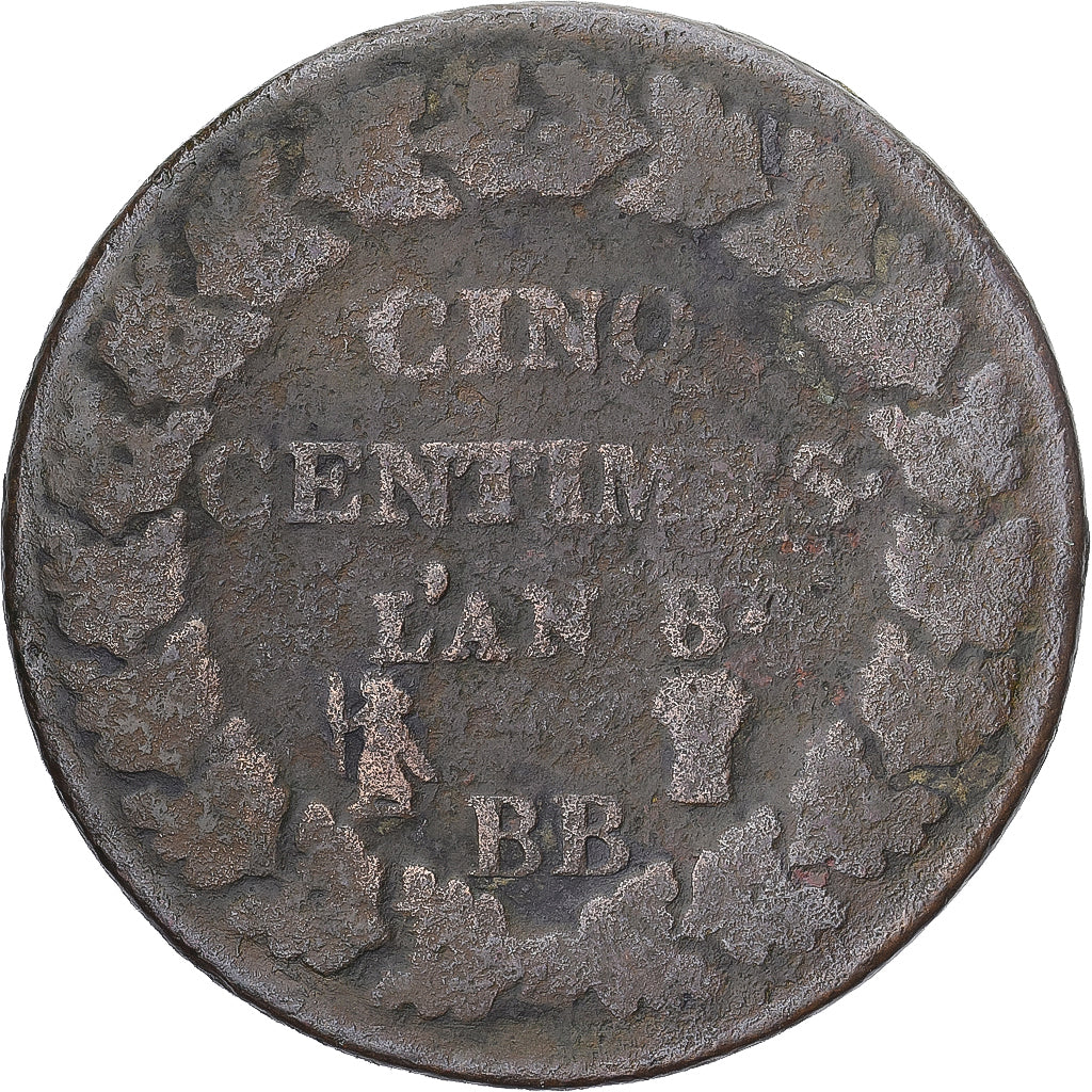 Moneda, Francia, Dupré, 5 Centimes, AN 8, Strasbourg, BC, Cobre, Gadoury:126a