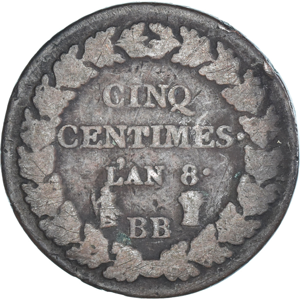 Moeda, França, Dupré, 5 Centimes, AN 8, Strasbourg, F(12-15), Cobre