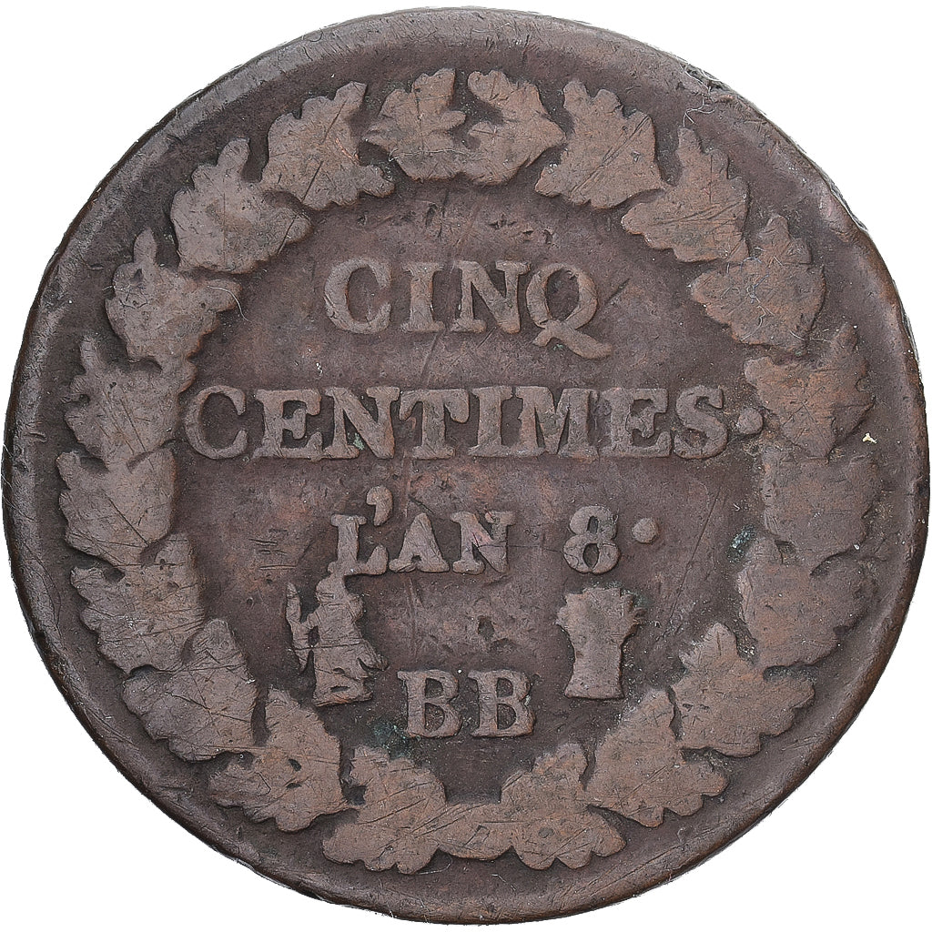 Moneda, Francia, Dupré, 5 Centimes, AN 8, Strasbourg, BC, Cobre, Gadoury:126a