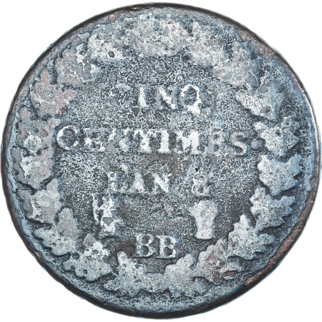 Moeda, França, Dupré, 5 Centimes, AN 8, Strasbourg, F(12-15), Cobre