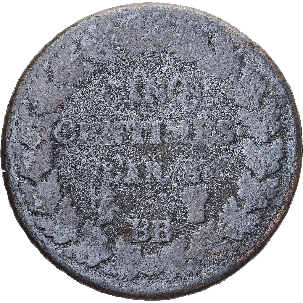 Moneda, Francia, Dupré, 5 Centimes, AN 8, Strasbourg, BC, Cobre, Gadoury:126a