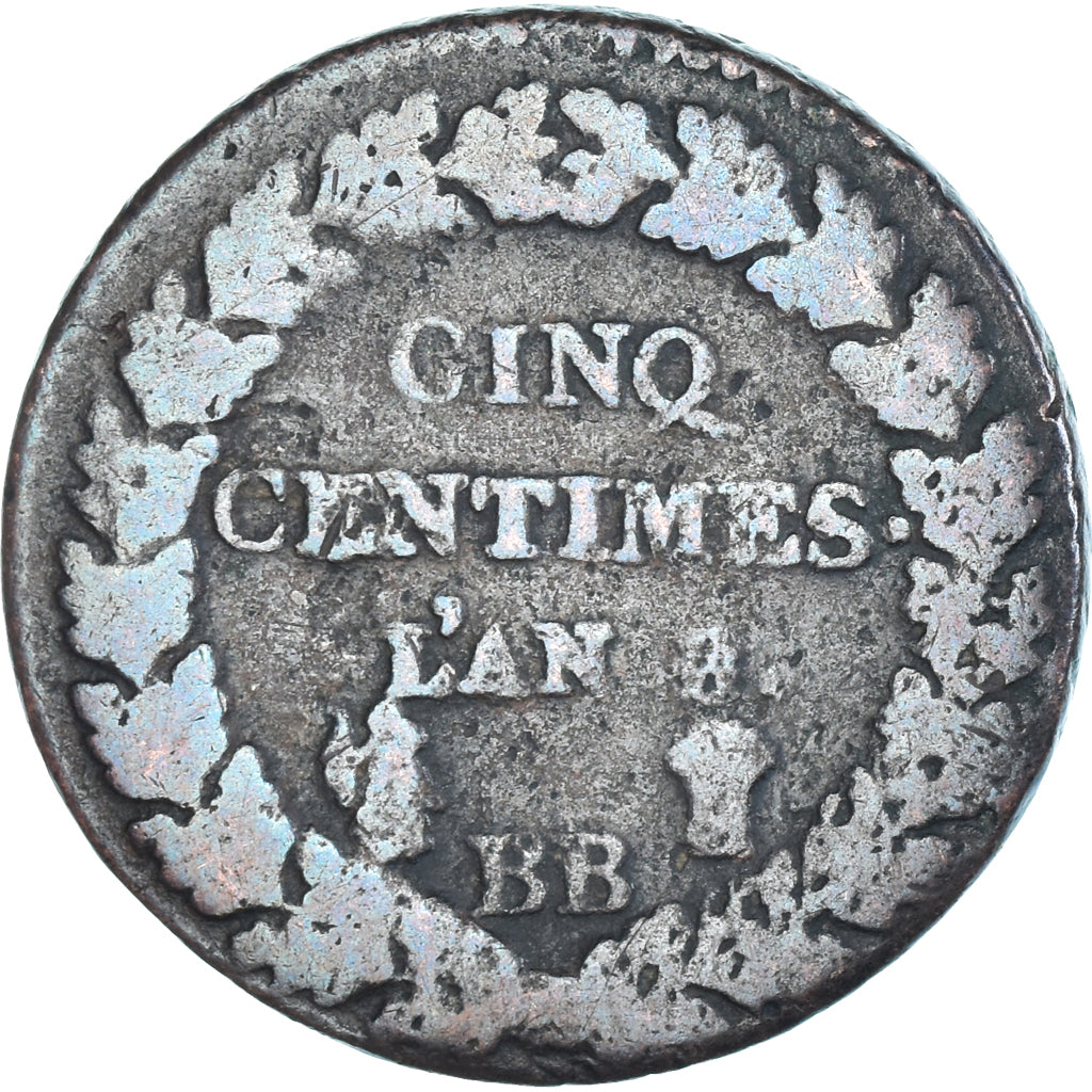 Moneda, Francia, Dupré, 5 Centimes, AN 8, Strasbourg, BC+, Cobre, Gadoury:126a