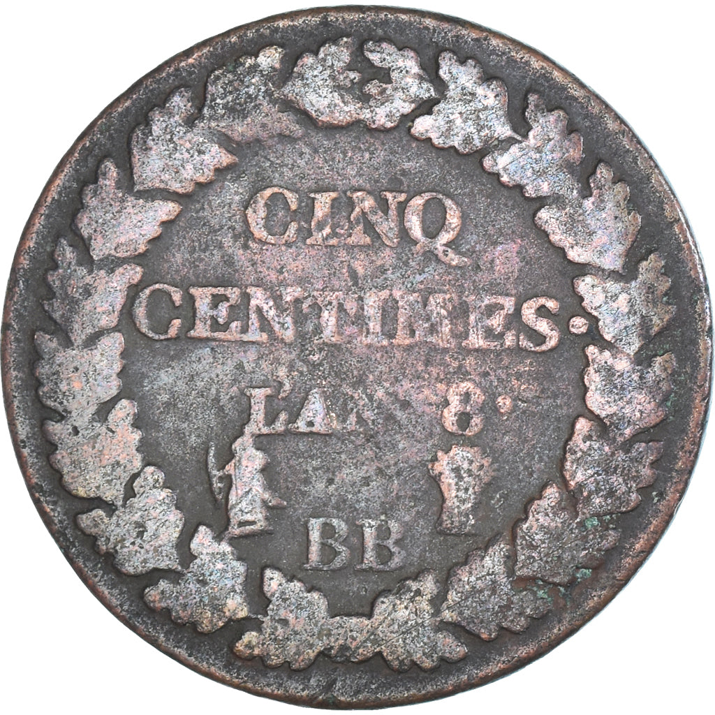 Moneda, Francia, Dupré, 5 Centimes, AN 8, Strasbourg, BC+, Cobre, Gadoury:126a