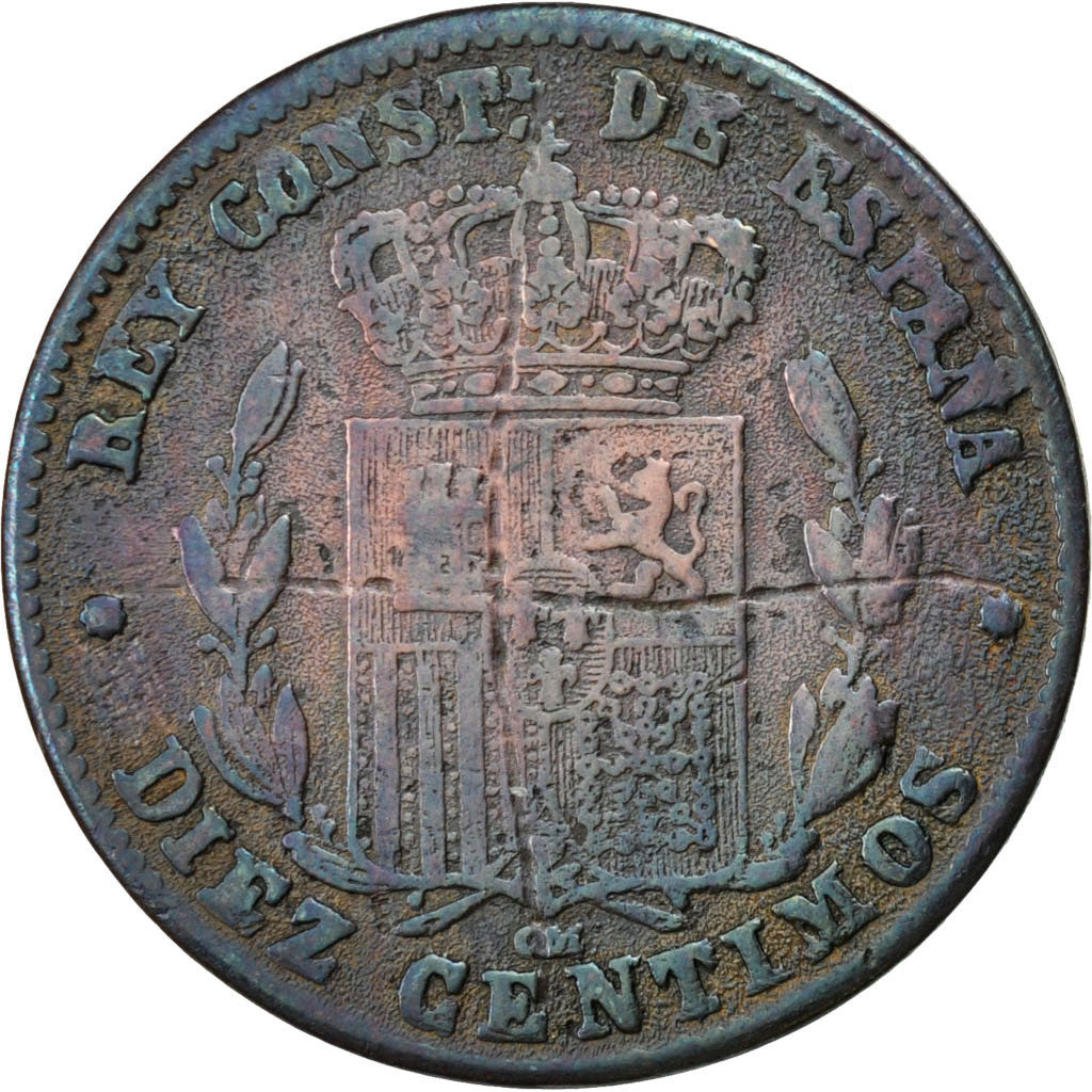 Coin, Spain, Alfonso XII, 10 Centimos, 1879, F(12-15), Bronze, KM:675