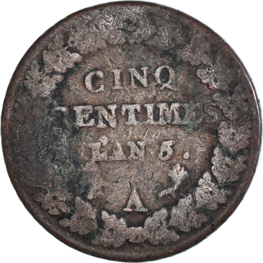Moeda, França, Dupré, 5 Centimes, AN 5, Paris, F(12-15), Cobre, Gadoury:126