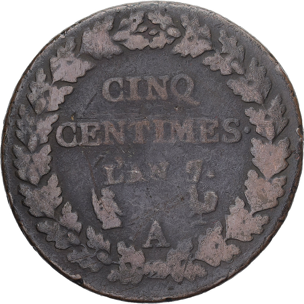 Moneda, Francia, Dupré, 5 Centimes, AN 7, Paris, BC+, Cobre, Gadoury:126