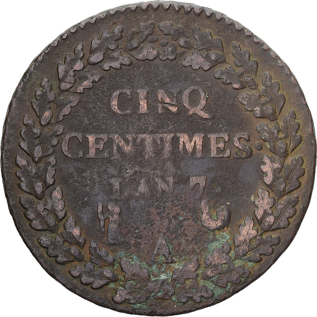 Moneda, Francia, Dupré, 5 Centimes, AN 7, Paris, BC+, Cobre, Gadoury:126