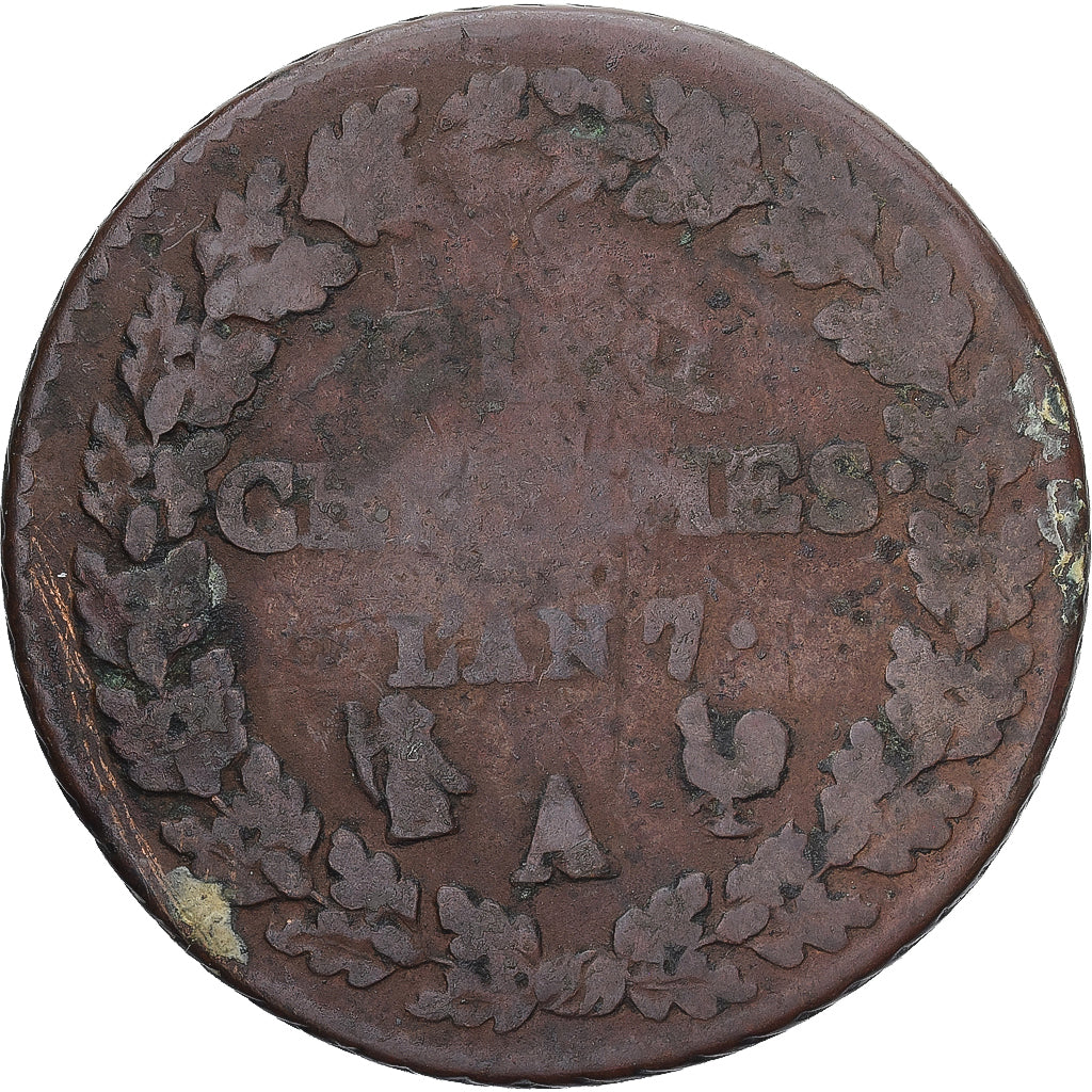 Moneda, Francia, Dupré, 5 Centimes, AN 7, Paris, BC+, Cobre, Gadoury:126