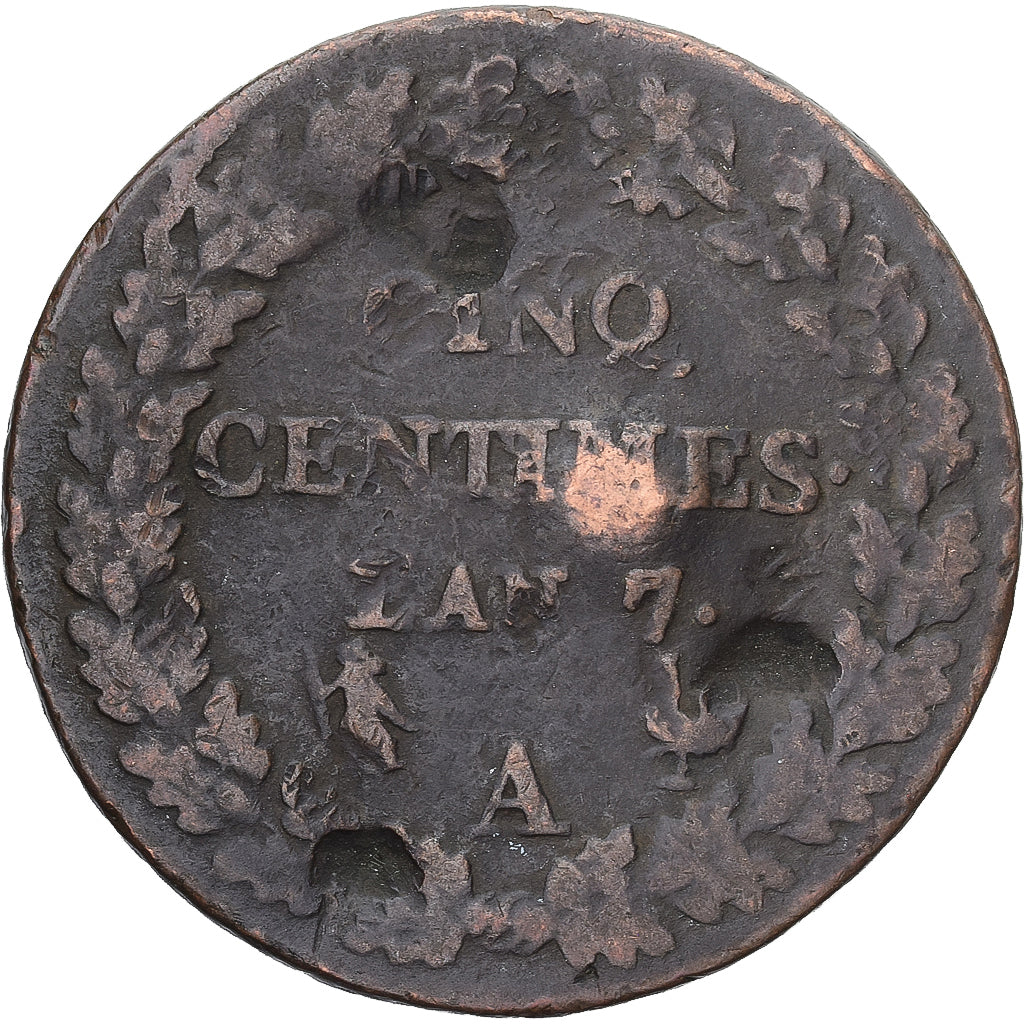 Moneda, Francia, Dupré, 5 Centimes, AN 7, Paris, BC+, Cobre, Gadoury:126