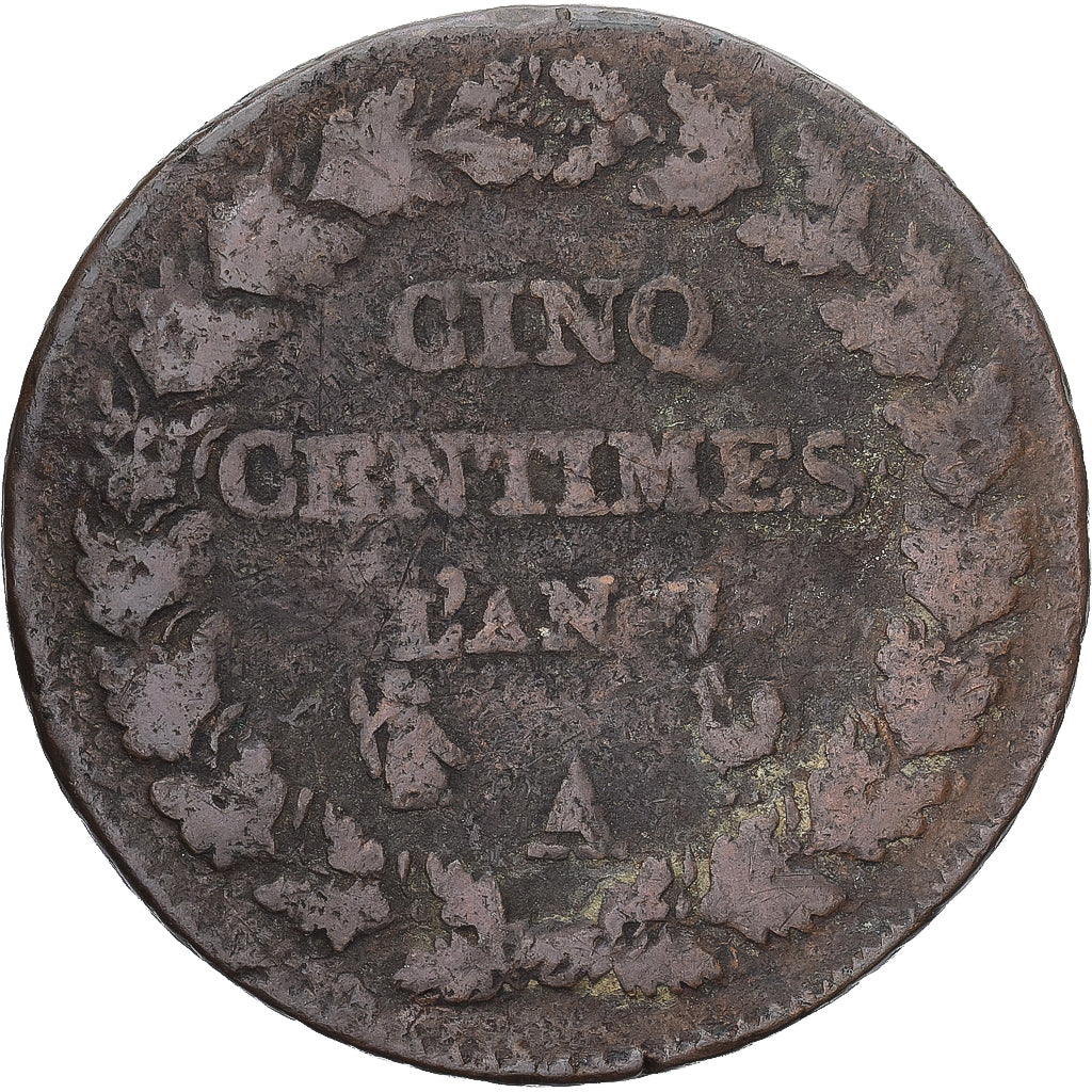 Moneda, Francia, Dupré, 5 Centimes, AN 7, Paris, BC+, Cobre, Gadoury:126