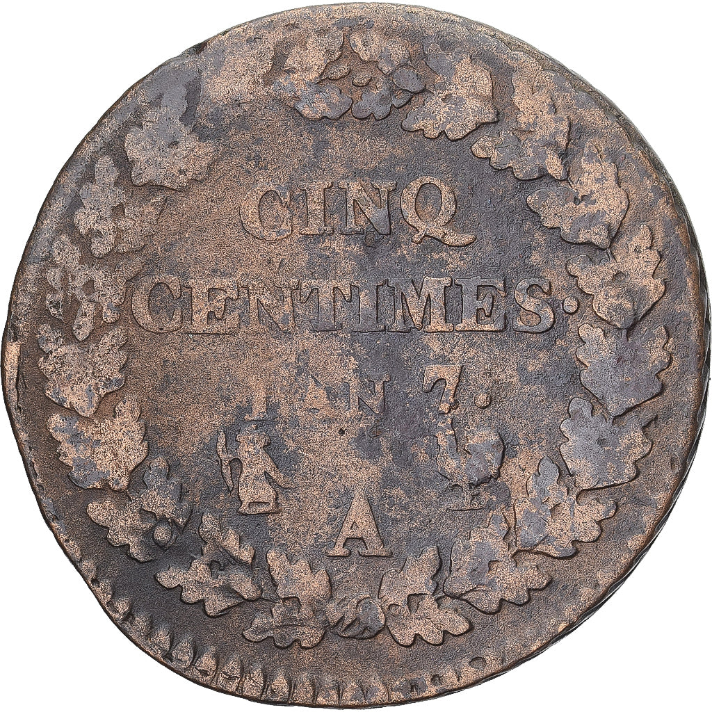 Moneda, Francia, Dupré, 5 Centimes, AN 7, Paris, BC+, Cobre, Gadoury:126