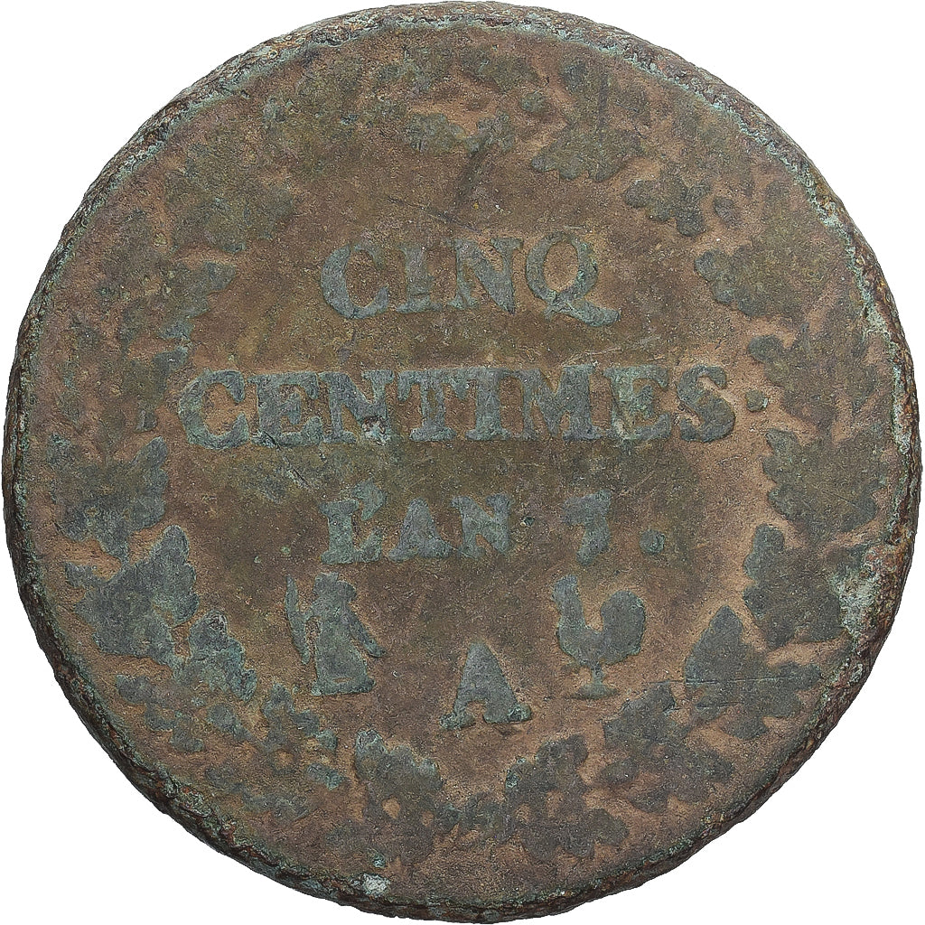 Moneda, Francia, Dupré, 5 Centimes, AN 7/5, Paris, BC+, Cobre, Gadoury:126