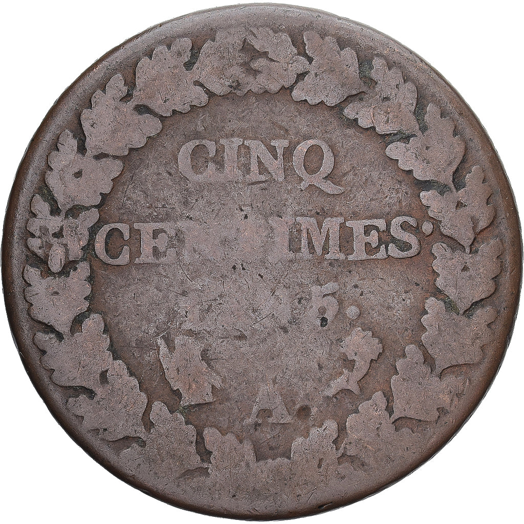 Moneda, Francia, Dupré, 5 Centimes, AN 5, Paris, BC+, Cobre, Gadoury:126