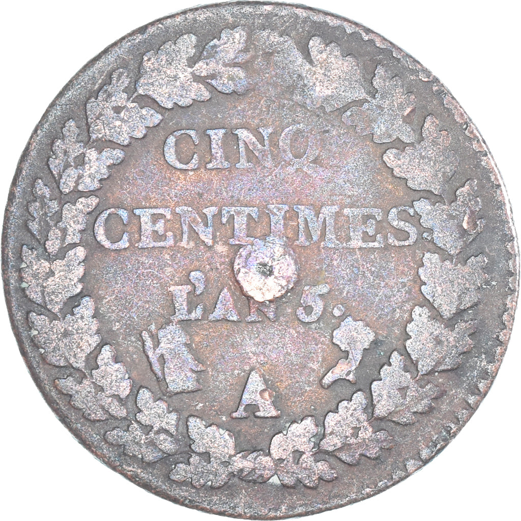 Moeda, França, Dupré, 5 Centimes, AN 5, Paris, VF(20-25), Cobre, Gadoury:126
