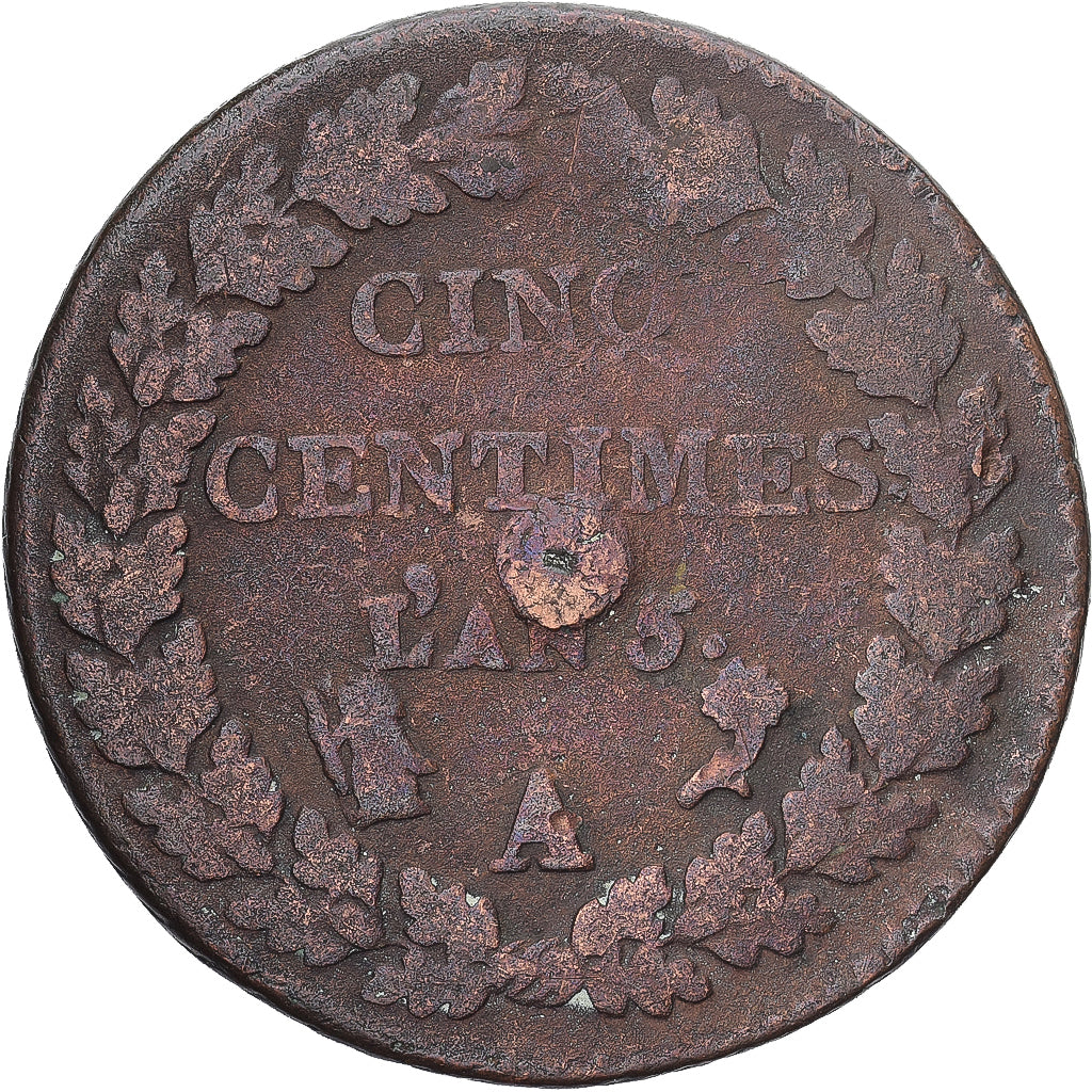 Moneda, Francia, Dupré, 5 Centimes, AN 5, Paris, BC+, Cobre, Gadoury:126