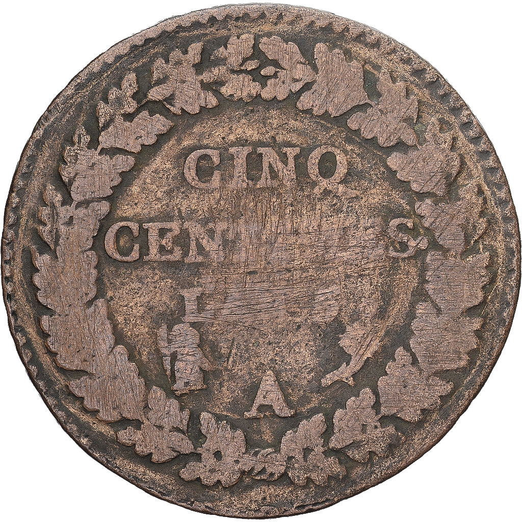 Moneda, Francia, Dupré, 5 Centimes, AN 5, Paris, BC+, Cobre, Gadoury:126