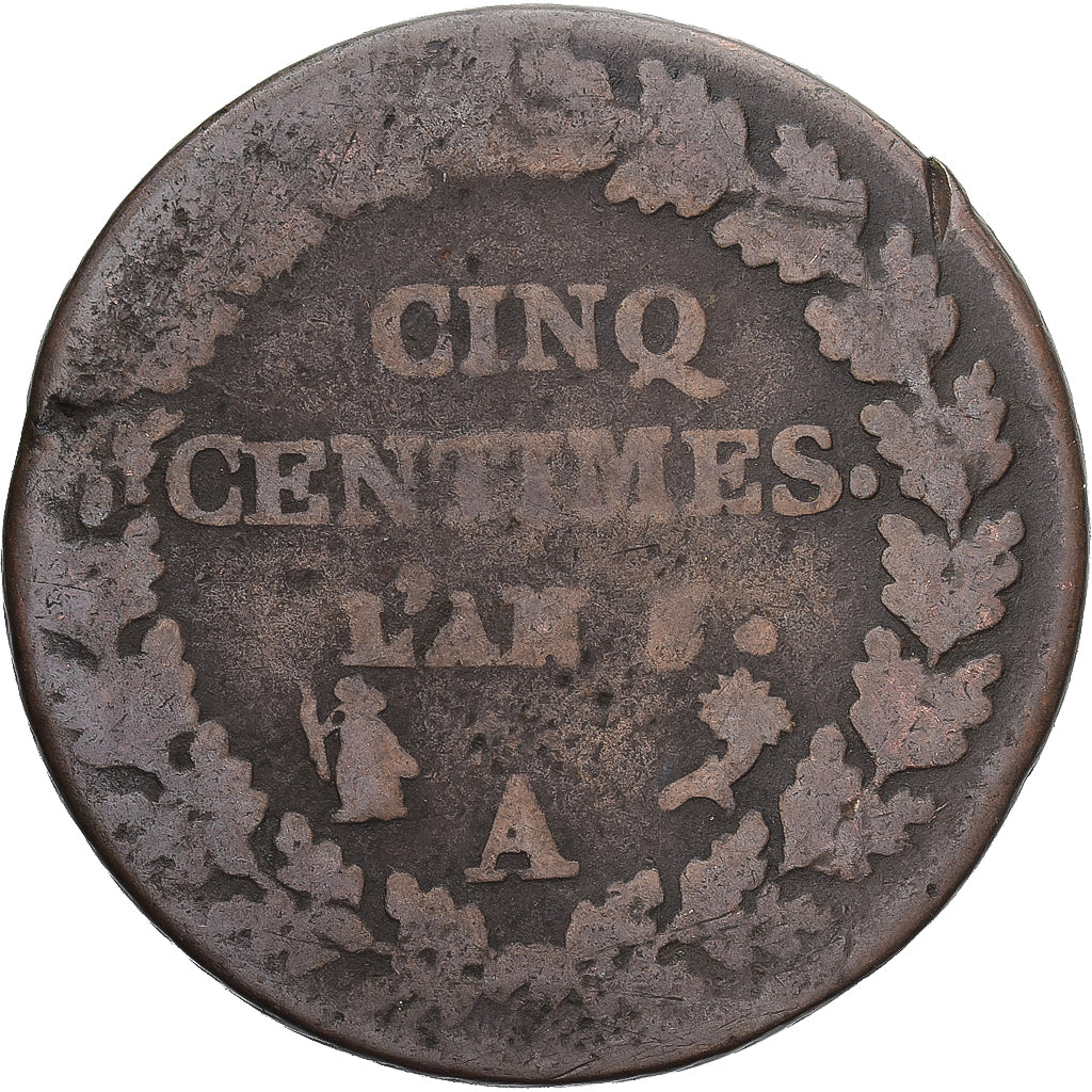 Moneda, Francia, Dupré, 5 Centimes, AN 5, Paris, BC+, Cobre, Gadoury:126