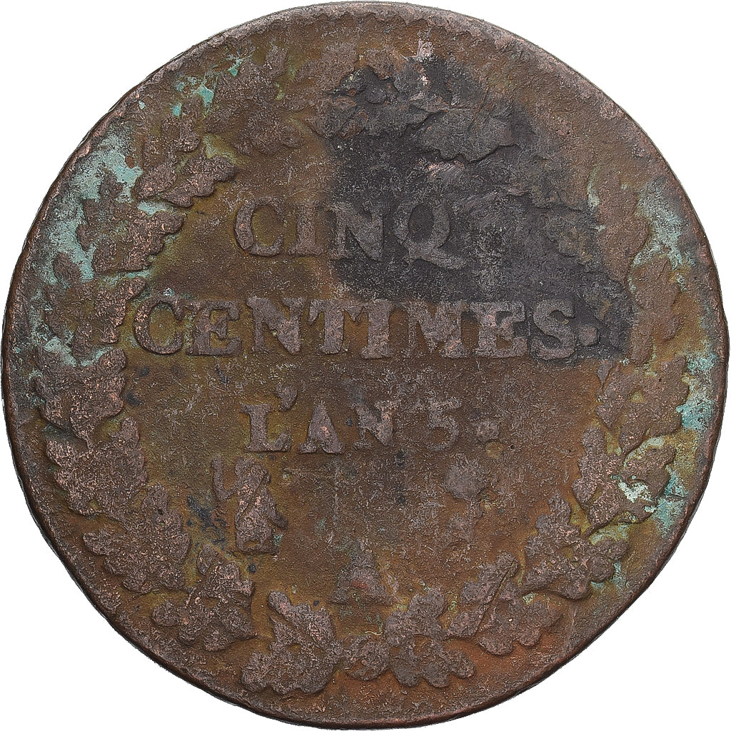 Moneda, Francia, Dupré, 5 Centimes, AN 5, Paris, BC+, Cobre, Gadoury:126