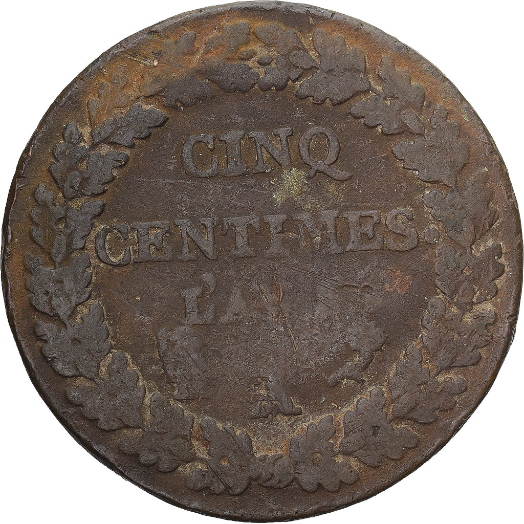 Moneda, Francia, Dupré, 5 Centimes, AN 5, Paris, BC+, Cobre, Gadoury:126