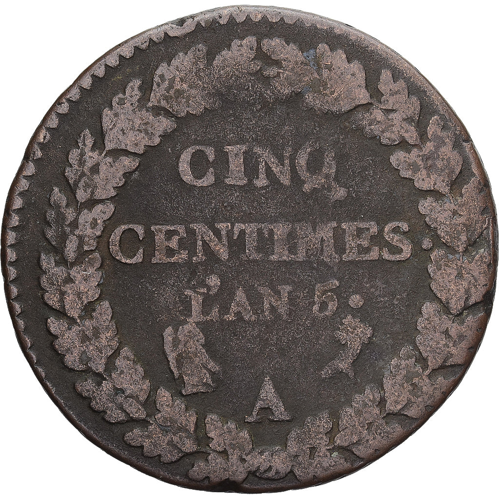 Moneda, Francia, Dupré, 5 Centimes, AN 5, Paris, BC+, Cobre, Gadoury:126