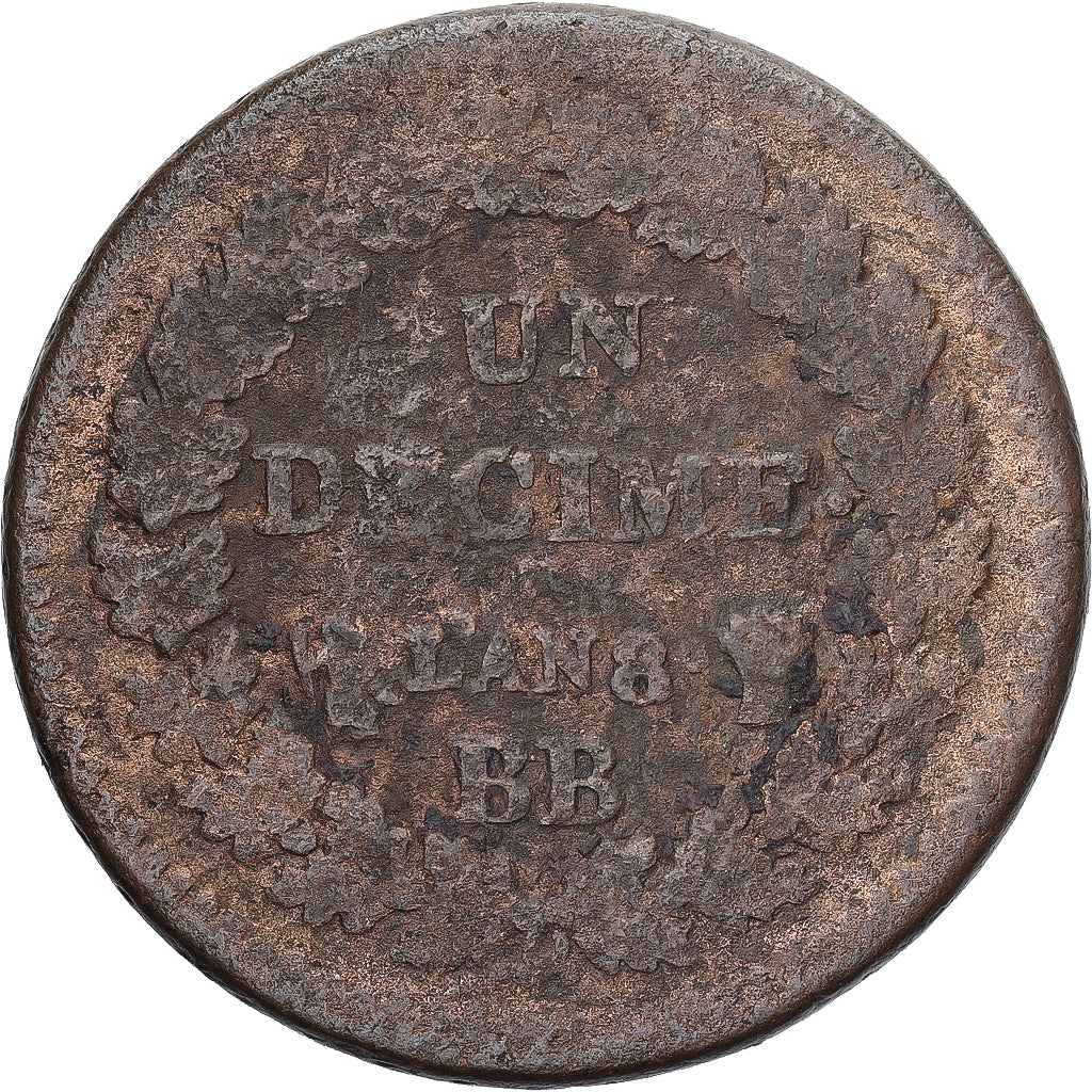 Moneda, Francia, Dupré, Decime, AN 8, Strasbourg, BC+, Cobre, Gadoury:187a