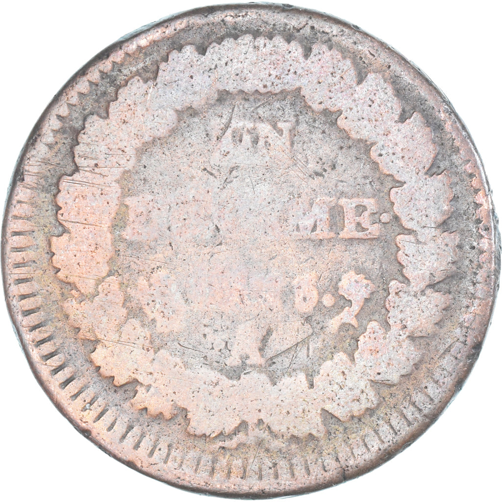 França, Decime, Dupré, AN 5, Paris, Refrappage du 2 décimes, Cobre, F(12-15)