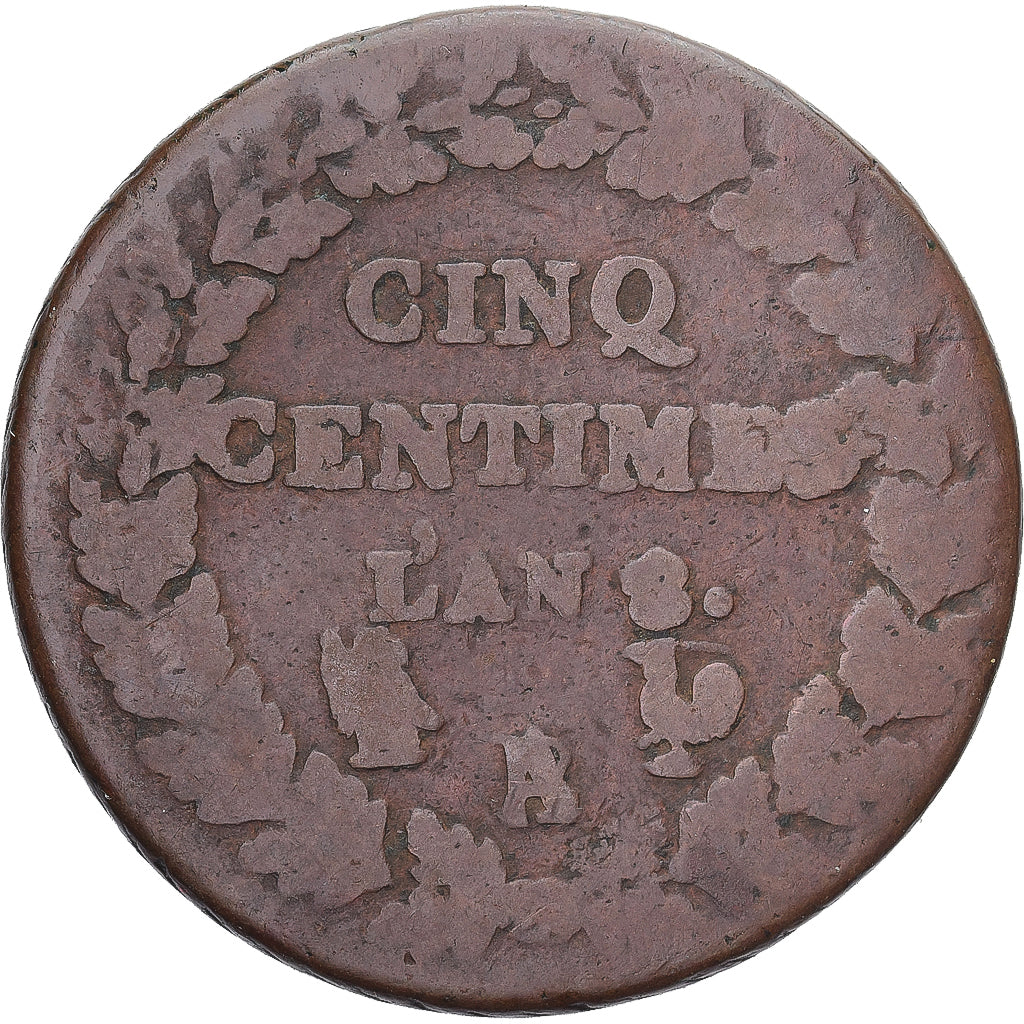 Moneda, Francia, Dupré, 5 Centimes, AN 8, Paris, BC, Cobre, Gadoury:126