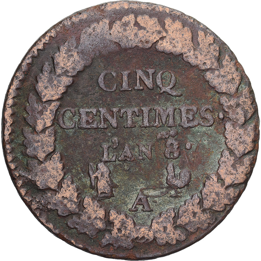 Moneda, Francia, Dupré, 5 Centimes, AN 8, Paris, BC, Cobre, Gadoury:126